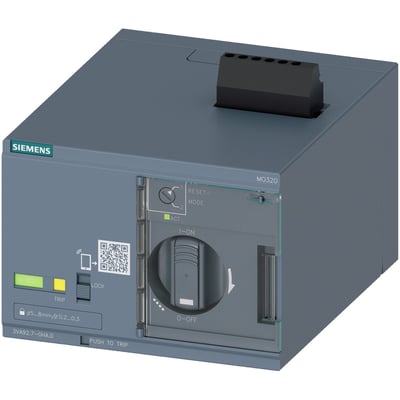 Siemens motordrev MO320 til 3VA1 160, 110-230 V AC / 110-250 V DC, vist med frontbetjening og tilslutningsblok.