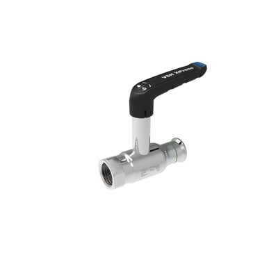 VSH Xpress kuglehane i rustfrit stål med høj spindel og sort håndtag. Kuglehanen har 1" muffe og 28 mm pres-tilslutning.