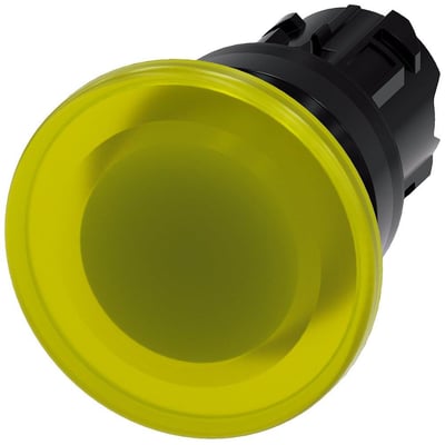 Siemens oplyst paddetrykknap i gul, rund plastik med 40 mm aktuator og 22 mm monteringsdiameter på hvid baggrund.