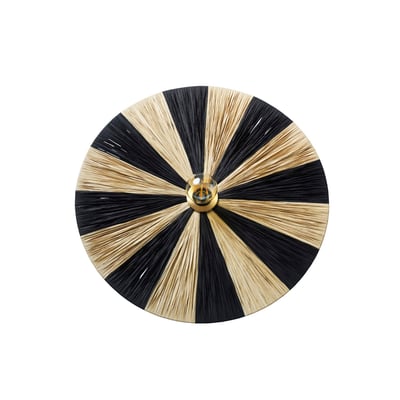 Detaljebillede af Jore Copenhagen Dott Stripes bordlampe, visende sort og beige baststriber omkring en gylden pæreholder.