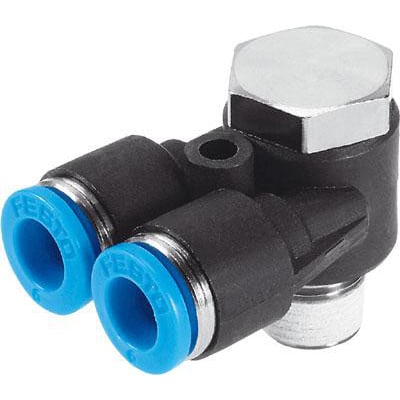 Festo Y-forskruning QSYLV-1/8-6 med to blå push-in tilslutninger og en sekskantet metalgevind. Monteringsdetaljer er synlige på den sorte plastkrop.