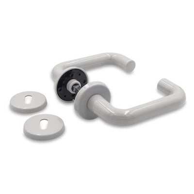Jasa Company Merkur dørgreb i grå plast med to rosetter og et synligt monteringsbeslag.