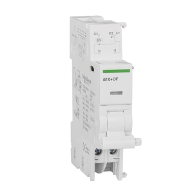 Sidevisning af Schneider Electric udkoblingsspole iMX/OF, viser detaljer om design og mærkning.
