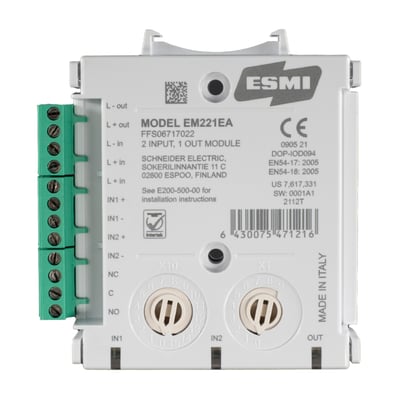Schneider Electric EM221EA modul med 2 overvågede indgange og 1 potentialfri styreudgang monteret på DIN-skinne, fremstillet i Italien.