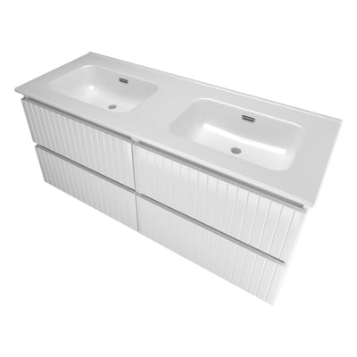 Sanibell Proline møbelsæt i hvid højglans med 121 cm bredde, 4 grebsfrie softclose skuffer og dobbelt porcelænsvask.