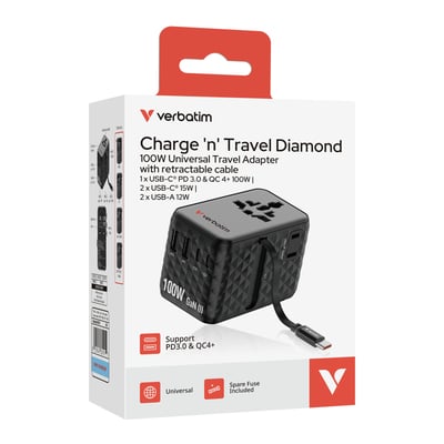 Emballagen viser Verbatim Charge ’n’ Travel rejseadapter i sort med kabel og en effekt på 100 W.