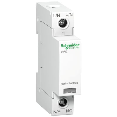 Schneider Electric A9 iPRD 8 overspændingsafleder, 1-polet 350V, hvid med mærke og symboler for tilslutning.