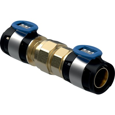Geberit FlowFit union 16mm i blyfri siliciumbronze med blå koblingsdetaljer og blank metalfinish.