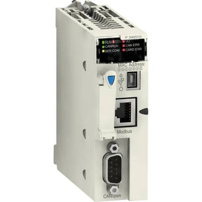 Schneider Electric Modicon M340 CPU-enhed med Modbus og CANopen-porte, samt statusindikatorer og USB-tilslutning.