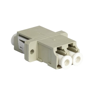 Lauritz Knudsen fiberadapter LC MM duplex i beige plast med to hvide muffeåbninger og et metalclips.