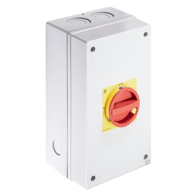 Kraus & Naimer EMC sikkerhedsafbryder, 63A, 3 polet, med rød/gul drejehåndtag på hvid plastkapsling med IP66/67 rating.