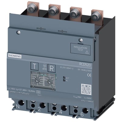 Siemens RCD modul 3VA9 RCD520, en 4-polet fejlstrømsenhed med 160A mærkestrøm og justerbare indstillinger for reststrøm og udløsningstid.