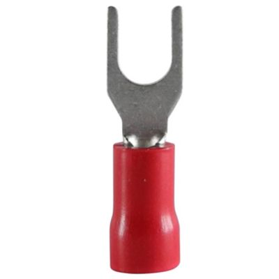 Rød Nelco gaffelkabelsko med M5-tilslutning, egnet til 0,50-1,50 mm² ledningstværsnit.
