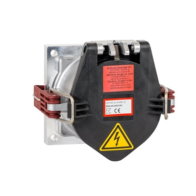 CEE vægudtag 250A, 6h, IP67, 3P+N+PE, vist med beskyttelsesdæksel og advarselsmærkater.