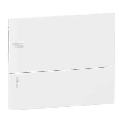 Schneider Electric MiniPragma afdækning til 12 moduler, helt hvid front og gennemsigtig låge, isoleret på hvid baggrund.