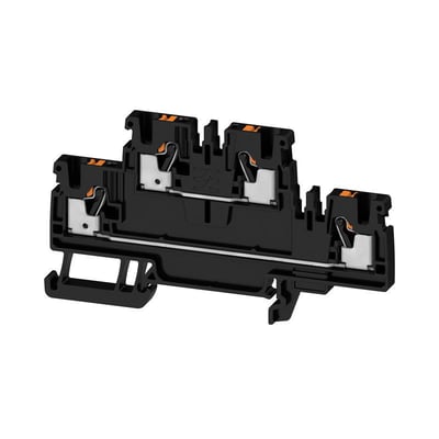 Sort Weidmüller A2T 2.5 gennemgangsklemme med to etager, orange push-in-markeringer og synlige metaltilslutninger.