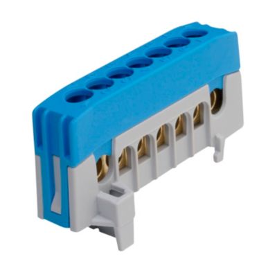 Pollmann Elektrotechnik Nulklemme N12-F2 i grå og blå farver, med otte skrueklemmer til 12x16mm2 ledere.