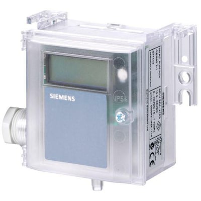 Siemens QBM3020-10D differenstrykføler med display, 0-1000 Pa, viser IP54-klassificering på en gennemsigtig plastikhus.