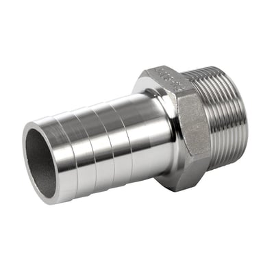 Syrefast nippel med 38mm slangestuds og 1 1/2" BSPT gevind, fremstillet i rustfrit stål på hvid baggrund.