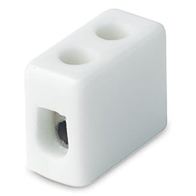 Hvid porcelænskronemuffe med 1 pol til 16mm² kabler, viser indgang til ledninger.