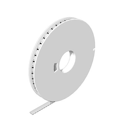 Weidmüller klemmemærke i hvid, 8/10 mm, DIN, vist som en lang mærkestrimle på en rund rulle.