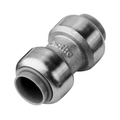 Roth samlemuffe i rustfri stål med 18 mm diameter, fremviser indstiksfittings-design og grå indvendig pakning.