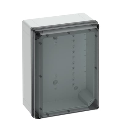 Spelsberg Geos-L kabinet i grå polycarbonat med transparent låg, 300x400x180 mm, vist på hvid baggrund.