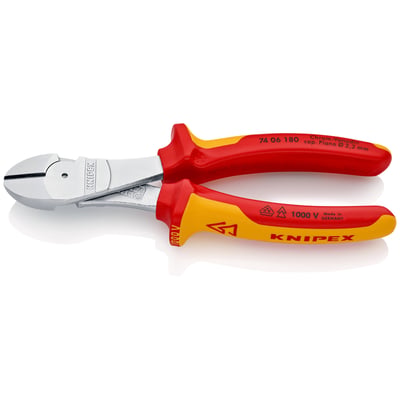 Detaljebillede af Knipex sidebidetang 7406-180 VDE 1000V, med fokus på de hærdede præcisionsskær og logo.