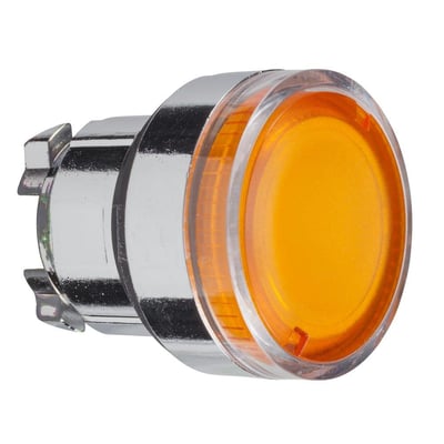 Nærbillede af Schneider Electric orange lampetrykhoved med en blank metalring og gennemsigtig plastafdækning, klar til montering.