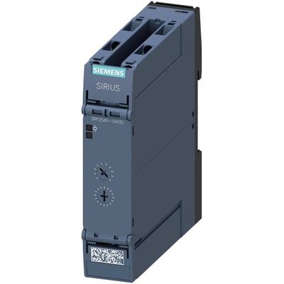 Siemens SIRIUS 3RP25 elektronisk tidsrelæ med 1CO-kontakt, justerbar tid 0,05-600 sekunder, 12-240V AC/DC, set forfra med QR-kode nederst.