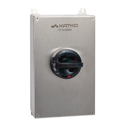 KATKO IsoSafe isolator Ker 480 RA4 2XKST32P KST16M med rektangulært stålkabinet og sort drejegreb set forfra.