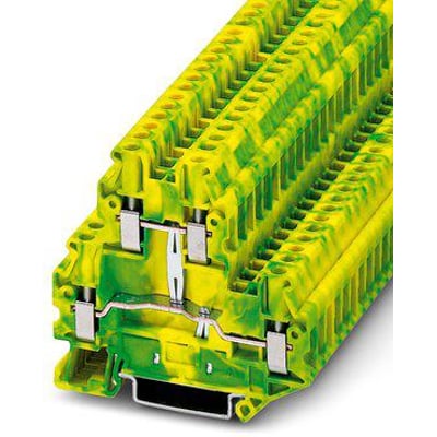 Phoenix Contact UTTB 4-PE jordklemme i grøn/gul med skruetilslutning, viser bredden på 6,2 mm og montering på DIN-skinne.