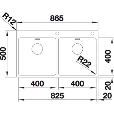 Detaljeret teknisk tegning af Blanco Andano 400/400-IF/A MXI køkkenvask med dimensioner i millimeter for bredde, dybde og kummer.