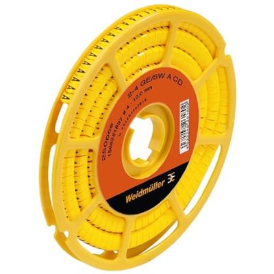 Weidmüller CLI C 2-4 gul ledningsmærke på en gul spole, designet til kabler mellem 2,5mm² og 4mm².