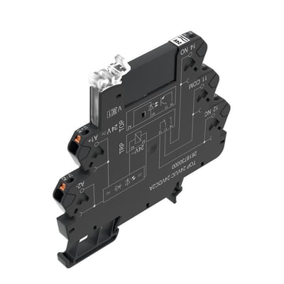 Weidmüller solid-state relæ til digitale signaler, set skråt forfra med sort kabinet og orange PUSH IN-tilslutninger.