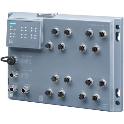 Siemens Scalance XP216POE EEC managed IE switch med jernbanecertifikat, vist med 16 M12-porte og status-LEDs på en grå enhed.