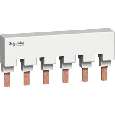 Detaljeret billede af Schneider Electric 6-polet samlelaske, der viser de seks kobberstifter og den hvide plastikkappe.