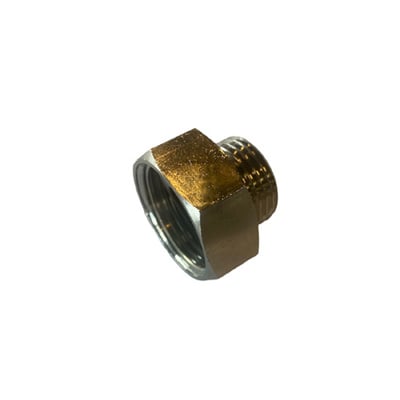 Metalforbindelse fra Hanestrom Paper med indvendigt 3/4" gevind og udvendigt 1/2" gevind i messing. Fastgørelsesdetaljer ses tydeligt på den blanke overflade.