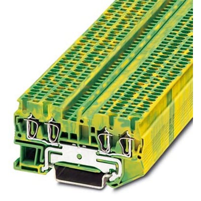 Nærbillede af Phoenix Contact jordklemme ST med 4 fjederkrafttilslutninger til gul/grønne 1,5mm² ledere monteret på en DIN-skinne.