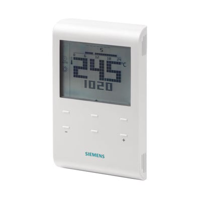 Siemens RDE100 rumtermostat med AC230V, der viser et stort digitalt LCD-display med tid og temperaturindstillinger.