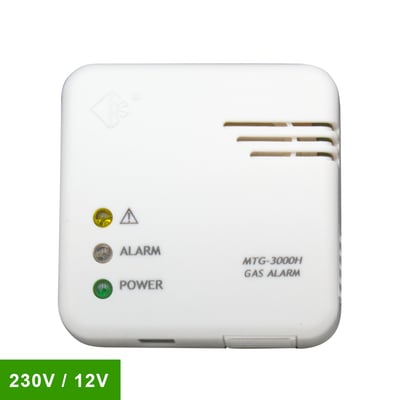 Foss Europe Life gasalarm 230V/12V i hvid, med synlige statusindikatorer og ventilationsrist.