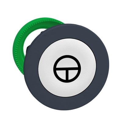 Detaljebillede af Schneider Electric flush trykknaphoved med symbol af en streg gennem en cirkel, hvid trykflade og grøn monteringsring.