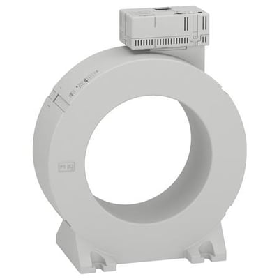 Schneider Electric sumstrømstransformertype TB120 med en indvendig diameter på 120 mm og 250 A, placeret på et hvidt underlag.