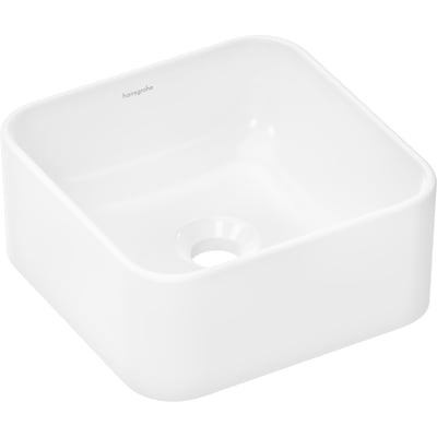 Nærbillede af Hansgrohe Xuniva Q håndvasken i blank hvid porcelæn, der viser dens firkantede form og indvendige afløb uden hanehul.