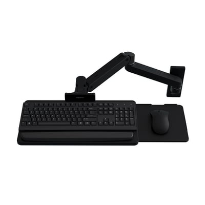Sort ERGOTRON LX Pro vægmonteret tastaturarm med bakke til tastatur og mus, set skråt forfra.
