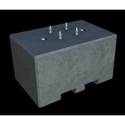 Mobil-Fundament type 12, præfabrikeret betonelement til max 12 meter mast, med 250 c/c fodplade og synlige monteringsbolte på sort baggrund.