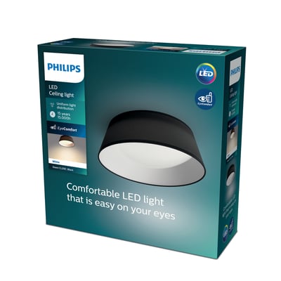 Pakke med Philips Lighting Dawn loftlampe i sort. Pakken viser lampen og fremhæver LED teknologi og EyeComfort.