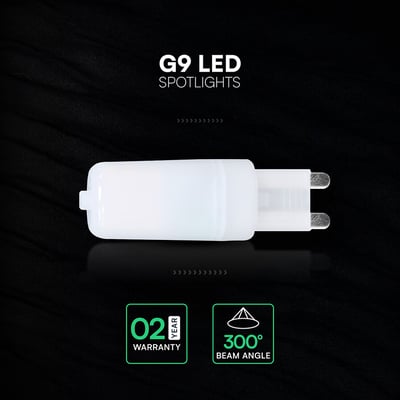 V-TAC G9 LED-pære på 2,2 W med hvid, aflang kappe og to ben, vist fra siden med 300° lysspredning.