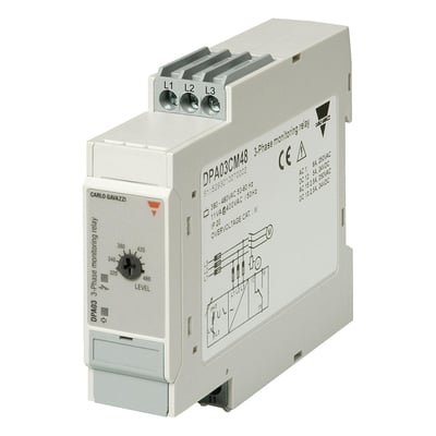 Carlo Gavazzi faseovervågningsrelæ til fasefølge, fasebrud og underspænding, set skråt med justeringsknap og terminaler.