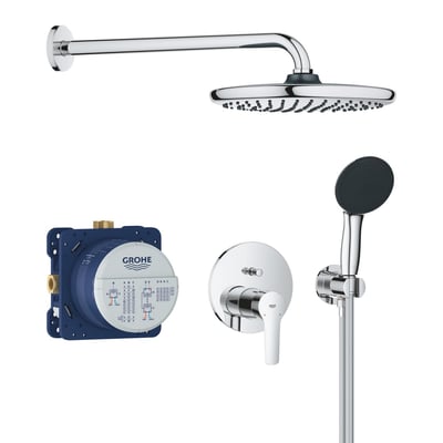 Grohe START EDGE indbygningsbrusesystem med krom etgrebsblander, 250mm hovedbruser, 110mm håndbruser og skjult blandingsenhed.